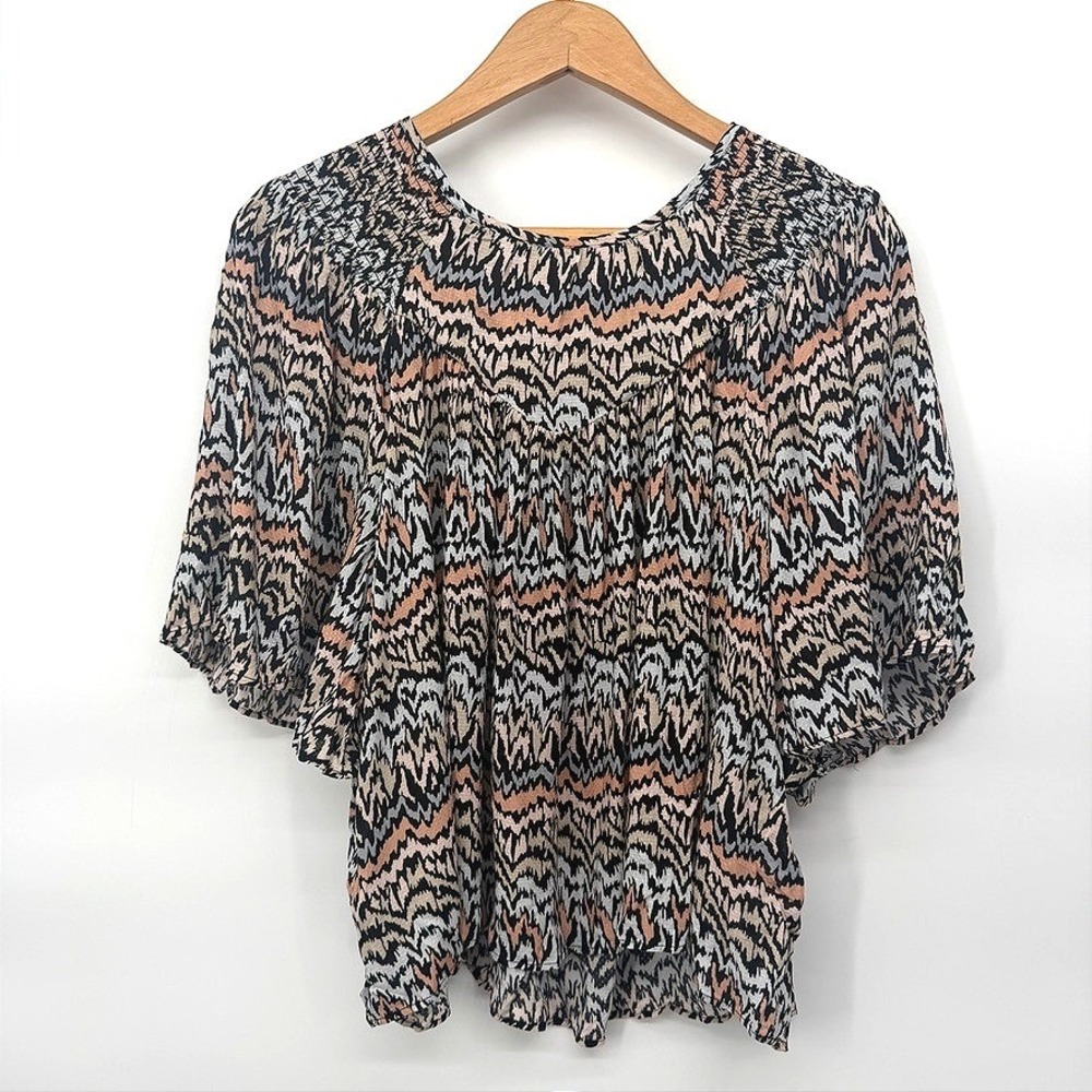 Tribal Blouse Zig Zag Smocked Shoulder Flutter Sleeve Boho Maximal Top Medium